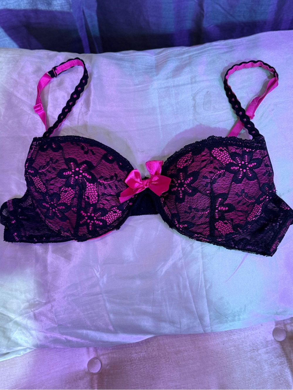 Black Lace Push-Up Bra with Hot Pink Accents.